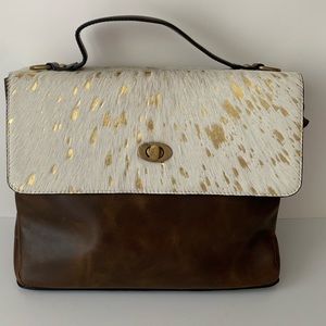 JANE MARIE TATUM PURSE -2 White & Gold Hairon & Dark Brown Leather Handbag ILNC